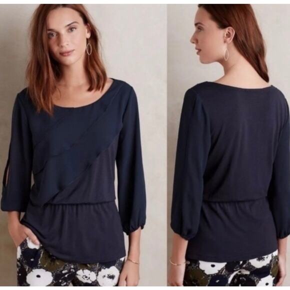 Deletta Anthropologie Navy Alee Ruffle Split Sleeve Blouse Top Women's Medium - Picture 1 of 9
